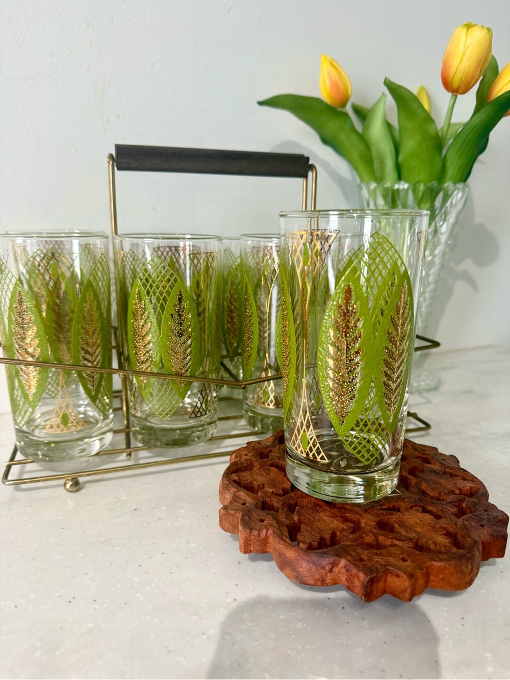 Vintage Libbey Tumbler Glasses 22k gold leaf detail with caddy- 8 glasses- mint